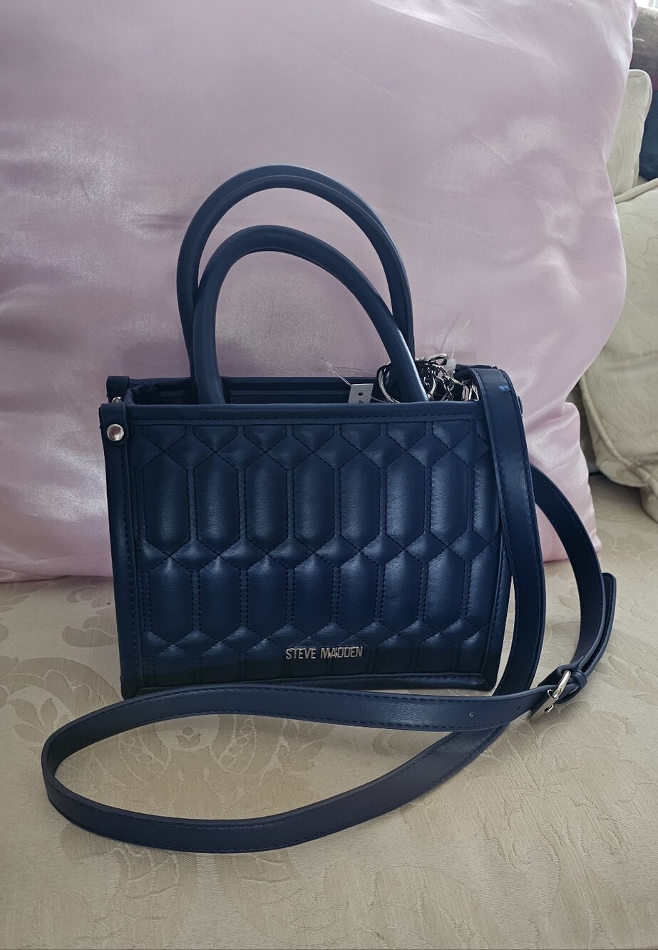 Steve Madden Quilted Navy Top-Handle Satchel with Crossbody Strap